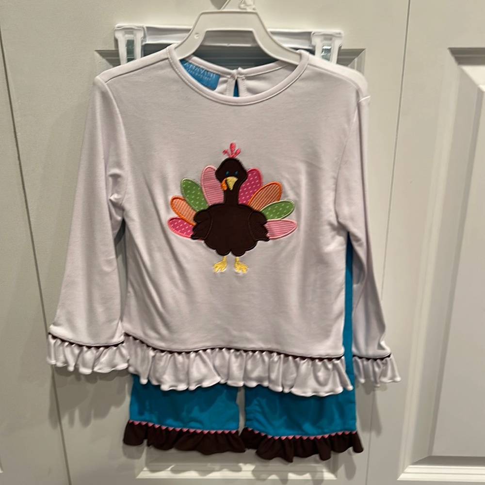 Super cute, turkey, outfit, corduroy, ruffled pants embroidered turkey on  shirt